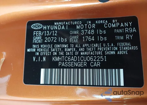 2012 Hyundai Veloster Base W/Black from USA, damaged, VIN KMHTC6AD1CU062251